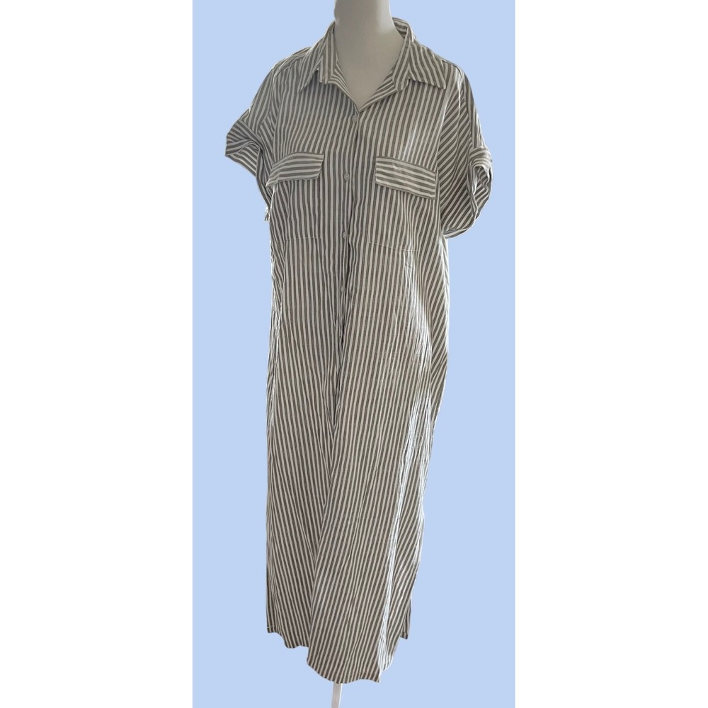 Max Studio Womens Striped Shirt Dress midi Med Sage gray White Preppy Vacation